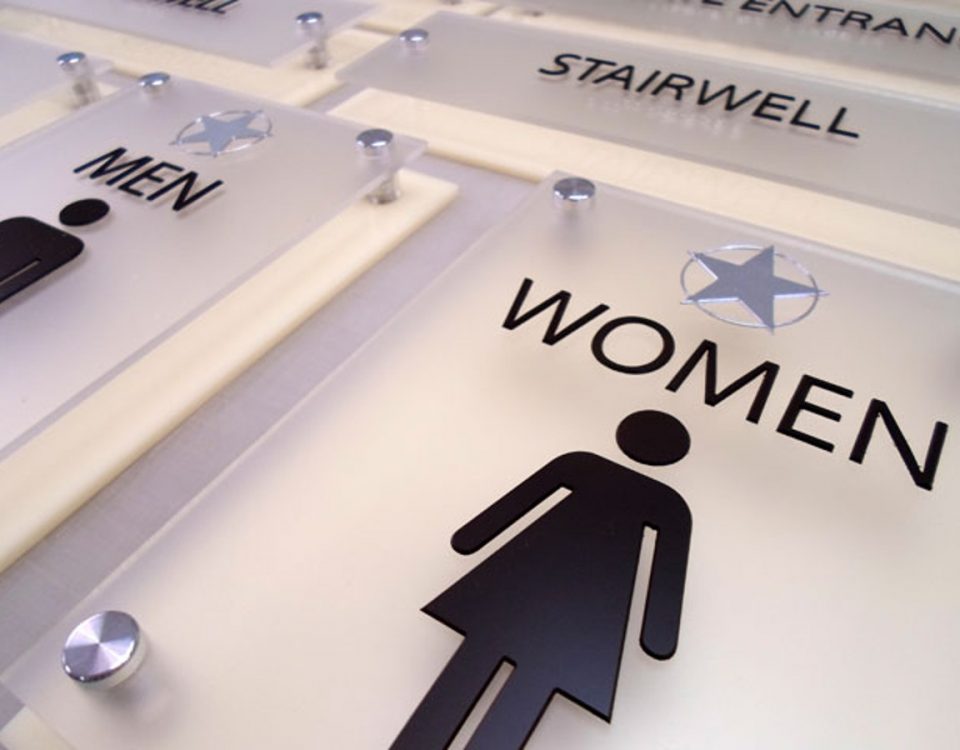 Mens and Womens ADA signs with standoffs